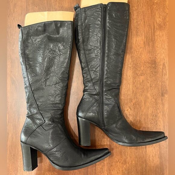 Black Italian Leather Knee High Western Heeled Boots Pointed Toe 9.5 Pour LAmour - Picture 4 of 11